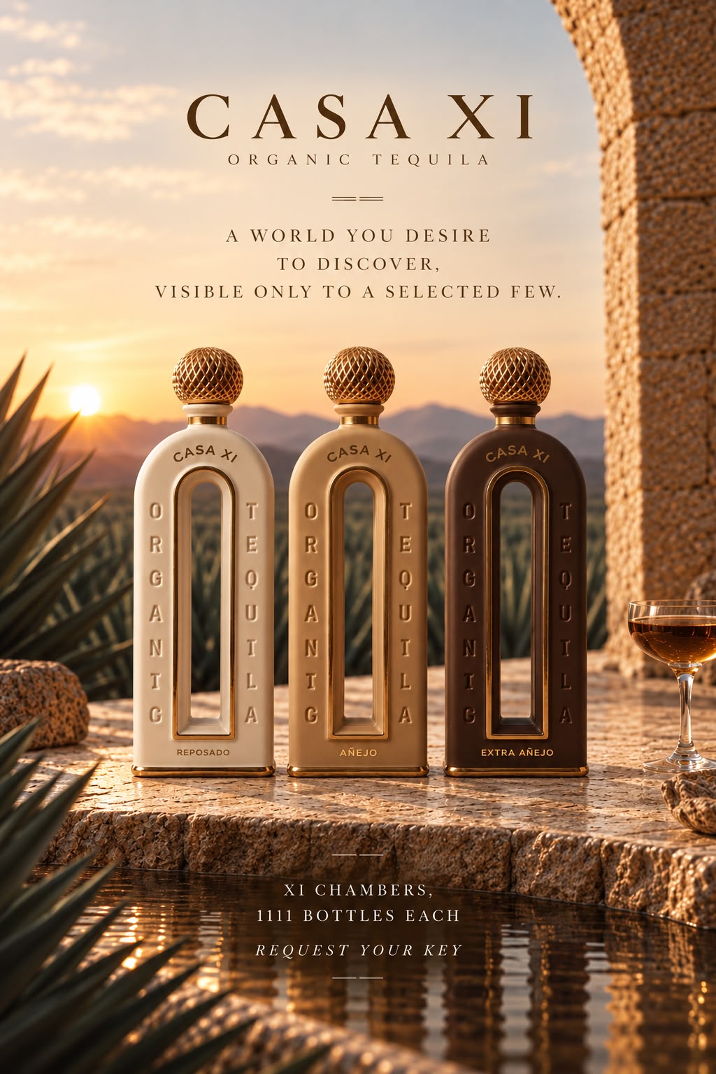 Casa XI organic ultra añejo decanter standing in an agave field